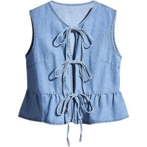 imageSHENHE Womens Y2k Tie Front Denim Vest V Neck Ruffle Hem Sleeveless Peplum Jean Top ShirtLight Wash Blue