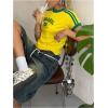 imageSHENHE Womens Brazil Crop Top Crew Neck Short Sleeve Graphic Colorblock Y2K Jersey TshirtYellow
