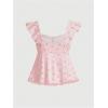 imageSHENHE Womens Floral Lace Trim Sweetheart Neckline Cap Sleeve Ruffle Peplum Cute TopLight Pink