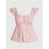 imageSHENHE Womens Floral Lace Trim Sweetheart Neckline Cap Sleeve Ruffle Peplum Cute TopLight Pink