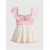 imageSHENHE Womens Floral Lace Trim Sweetheart Neckline Cap Sleeve Ruffle Peplum Cute TopPink