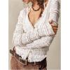 imageSHENHE Womens Lace Shirt V Neck Button Down Blouse Long Sleeve Frilly TopBeige
