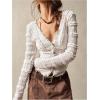 imageSHENHE Womens Lace Shirt V Neck Button Down Blouse Long Sleeve Frilly TopBeige