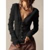 imageSHENHE Womens Lace Shirt V Neck Button Down Blouse Long Sleeve Frilly TopBlack
