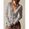 imageSHENHE Womens Lace Shirt V Neck Button Down Blouse Long Sleeve Frilly TopGrey