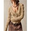 imageSHENHE Womens Lace Shirt V Neck Button Down Blouse Long Sleeve Frilly TopKhaki