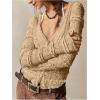 imageSHENHE Womens Lace Shirt V Neck Button Down Blouse Long Sleeve Frilly TopKhaki