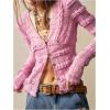 imageSHENHE Womens Lace Shirt V Neck Button Down Blouse Long Sleeve Frilly TopPink