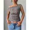 imageSHENHE Womens Leopard Off Shoulder T Shirts Ruched Sleeveless Slim Fit Crop Tee Top ClubwearMulticolor