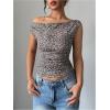 imageSHENHE Womens Leopard Off Shoulder T Shirts Ruched Sleeveless Slim Fit Crop Tee Top ClubwearMulticolor