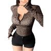 imageSHENHE Womens Leopard Print Ribbed Knit T Shirts Long Sleeve Slim Fit Henley Tops ClubwearBrown