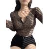 imageSHENHE Womens Leopard Print Ribbed Knit T Shirts Long Sleeve Slim Fit Henley Tops ClubwearBrown