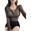 imageSHENHE Womens Leopard Print Ribbed Knit T Shirts Long Sleeve Slim Fit Henley Tops ClubwearBrown