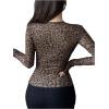 imageSHENHE Womens Leopard Print Ribbed Knit T Shirts Long Sleeve Slim Fit Henley Tops ClubwearBrown