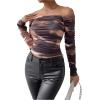 imageSHENHE Womens Off Shoulder Tie Dye Ruched Long Sleeve Fitted Casual Crop Tshirt TopMulticolor