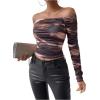 imageSHENHE Womens Off Shoulder Tie Dye Ruched Long Sleeve Fitted Casual Crop Tshirt TopMulticolor