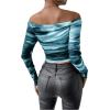 imageSHENHE Womens Off Shoulder Tie Dye Ruched Long Sleeve Fitted Casual Crop Tshirt TopTeal Blue