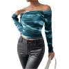 imageSHENHE Womens Off Shoulder Tie Dye Ruched Long Sleeve Fitted Casual Crop Tshirt TopTeal Blue