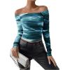imageSHENHE Womens Off Shoulder Tie Dye Ruched Long Sleeve Fitted Casual Crop Tshirt TopTeal Blue