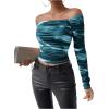 imageSHENHE Womens Off Shoulder Tie Dye Ruched Long Sleeve Fitted Casual Crop Tshirt TopTeal Blue