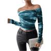 imageSHENHE Womens Off Shoulder Tie Dye Ruched Long Sleeve Fitted Casual Crop Tshirt TopTeal Blue