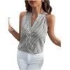 imageSHENHE Womens Striped Print Notched V Neck Button Down Sleeveless Blouse TopBlack