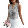 imageSHENHE Womens Striped Print Notched V Neck Button Down Sleeveless Blouse TopBlack