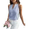 imageSHENHE Womens Striped Print Notched V Neck Button Down Sleeveless Blouse TopBlue