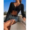 imageSHENHE Womens V Neck Ribbed Knit Tie Front Cropped Plain Long Sleeve Cardigan OutwearBlack