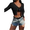 imageSHENHE Womens V Neck Ribbed Knit Tie Front Cropped Plain Long Sleeve Cardigan OutwearBlack