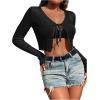 imageSHENHE Womens V Neck Ribbed Knit Tie Front Cropped Plain Long Sleeve Cardigan OutwearBlack