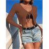 imageSHENHE Womens V Neck Ribbed Knit Tie Front Cropped Plain Long Sleeve Cardigan OutwearCoffee Brown