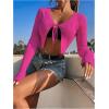 imageSHENHE Womens V Neck Ribbed Knit Tie Front Cropped Plain Long Sleeve Cardigan OutwearHot Pink