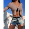 imageSHENHE Womens V Neck Ribbed Knit Tie Front Cropped Plain Long Sleeve Cardigan OutwearKhaki