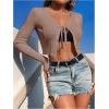 imageSHENHE Womens V Neck Ribbed Knit Tie Front Cropped Plain Long Sleeve Cardigan OutwearKhaki