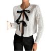 imageSHENHE Womens Cropped Cable Knit Cardigan Tie Front Bow Sweater Crewneck Y2k SweatersWhite