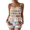 imageSHENHE Womens Floral Crochet Ruffled Sleeveless Cami Tank Top Boho Summer Peplum TopBeige