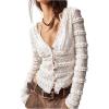 imageSHENHE Womens Lace Shirt V Neck Button Down Blouse Long Sleeve Frilly TopBeige