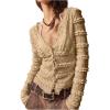 imageSHENHE Womens Lace Shirt V Neck Button Down Blouse Long Sleeve Frilly TopKhaki