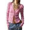 imageSHENHE Womens Lace Shirt V Neck Button Down Blouse Long Sleeve Frilly TopPink