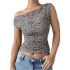 imageSHENHE Womens Leopard Off Shoulder T Shirts Ruched Sleeveless Slim Fit Crop Tee Top ClubwearMulticolor