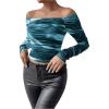 imageSHENHE Womens Off Shoulder Tie Dye Ruched Long Sleeve Fitted Casual Crop Tshirt TopTeal Blue