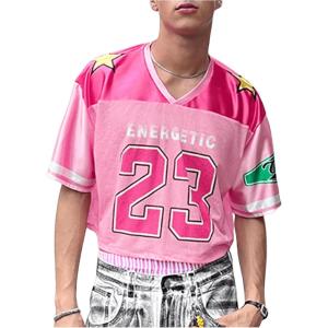 imageSHENHE Mens Graphic Football Jersey Short Sleeve Number Print Y2k Crop Tee Jersey TopPink