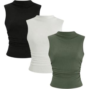 imageSHENHE Womens 3 Pieces Ribbed Knit Mock Neck Ruched Fitted Basic Crop Tank Top Green Black White Medium