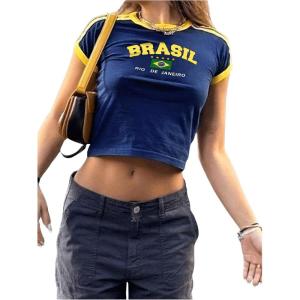 imageSHENHE Womens Brazil Crop Top Crew Neck Short Sleeve Graphic Colorblock Y2K Jersey TshirtBlue