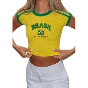 imageSHENHE Womens Brazil Crop Top Crew Neck Short Sleeve Graphic Colorblock Y2K Jersey TshirtYellow