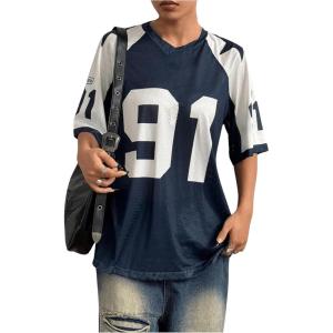 imageSHENHE Womens Color Block Oversized Football Jersey Mesh Number Print Short Sleeve Tee TopBlue