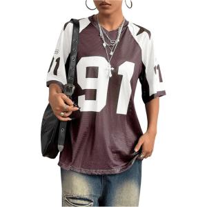 imageSHENHE Womens Color Block Oversized Football Jersey Mesh Number Print Short Sleeve Tee TopDark Purple