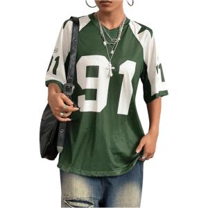 imageSHENHE Womens Color Block Oversized Football Jersey Mesh Number Print Short Sleeve Tee TopGreen