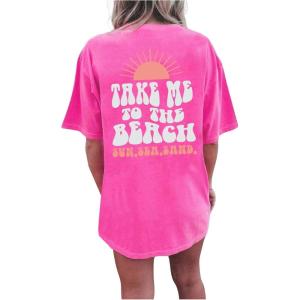 imageSHENHE Womens Crew Neck Sun Print Oversized Graphic Short Sleeve Beach Tshirt Summer TopHot Pink